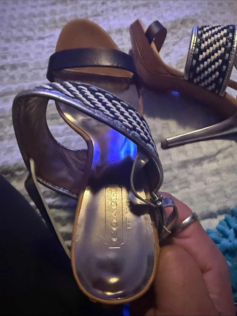 Coach Women’s white & Blue Woven Strap Heeled Sandals